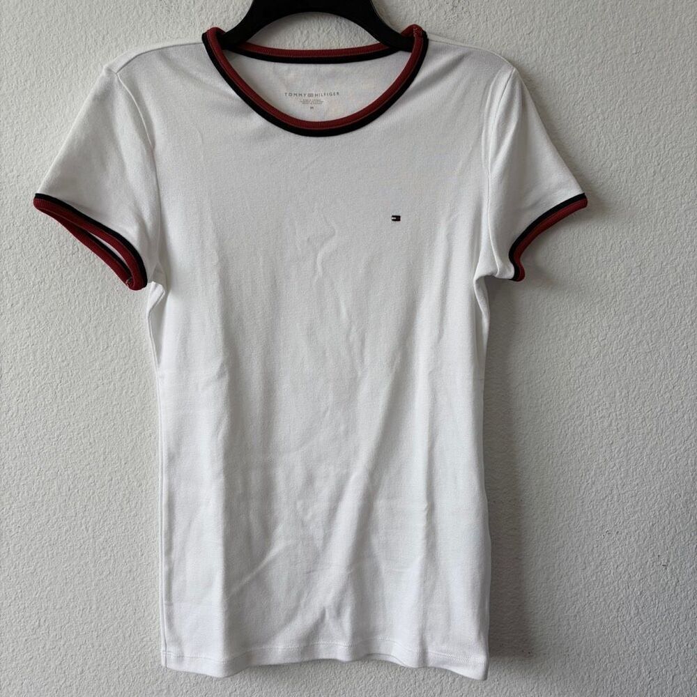 Tommy Hilfiger White Tipped Ringer Logo T-Shirt - Size M